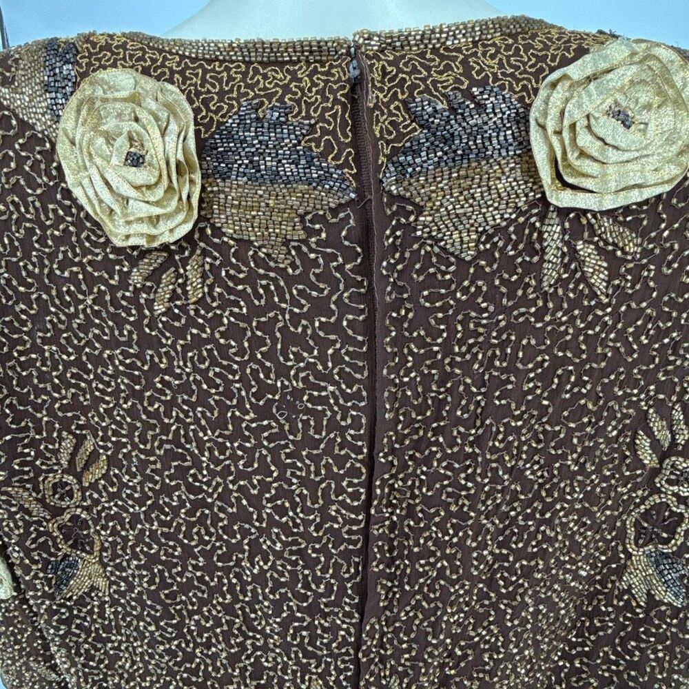 Vintage Joan Leslie Studio Silk Beaded Floral Top Saks Fifth Avenue 2X Brown Gol - Picture 4 of 15